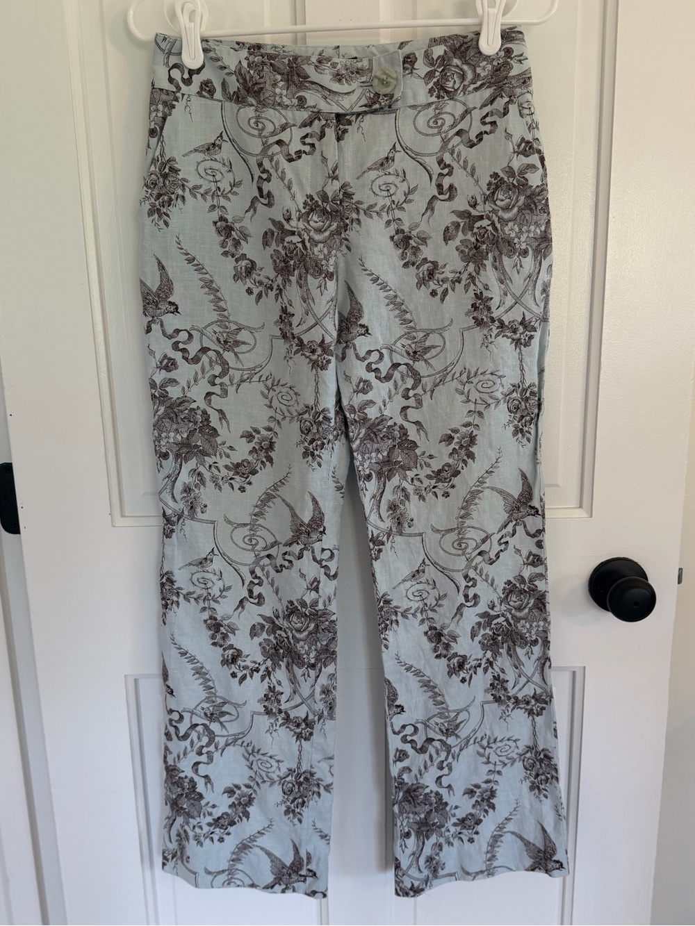 Etcetera Size 2 Blue Brown Toile Bird Floral 100% Linen Straight y2k Pants